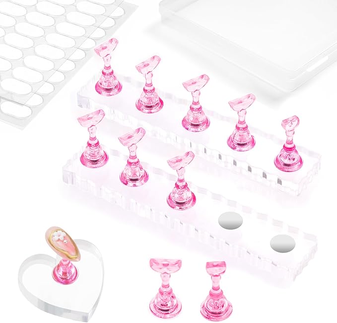 Nail Stand For Press On Acrylic Strong Magnetic Nail Holder Kit For Painting Nails Tip Arts Display With 200PCS Double-Sided Tape And 1 Heart Shaped Acrylic Magnetic Presson Stand (Clear And Pink, Medium)