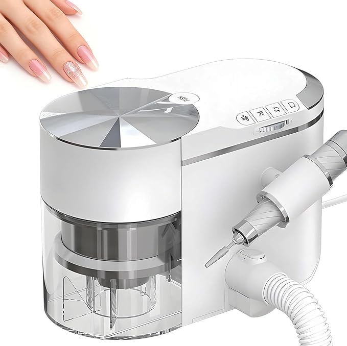 2-in-1 Nail Dust Collector & Electric Nail Drill File Kit, Nail Drill Manicure Machine with 30000 RPM Brushless Motor, ≤58dB Ultra Quiet, Adjustable Suction & Angle, Extension Hose White