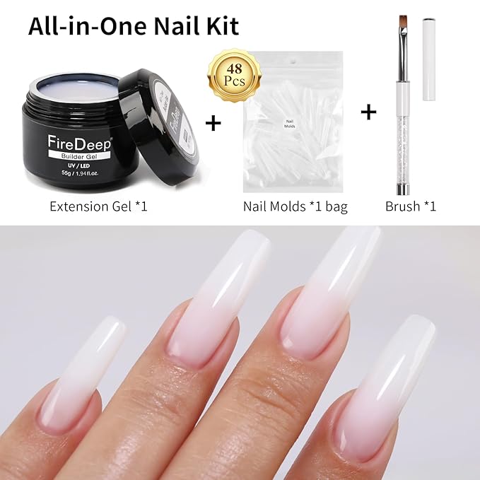 Milky White Builder Gel Set, 1.94Fl,oz Extension Hard U V Builder 3 in 1 Nail Gel With Clear Nail Tips Model and Brush
