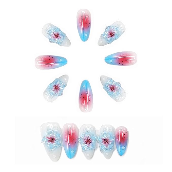 Blue Gradient Press on Nails Medium Almond False Nails Handmade Luxury 3D Flower Fake Nails Thick and Muti-Layer Gel Acrylic Nails Full Cover Stick on Nails for Women DIY Manicure (Size S)