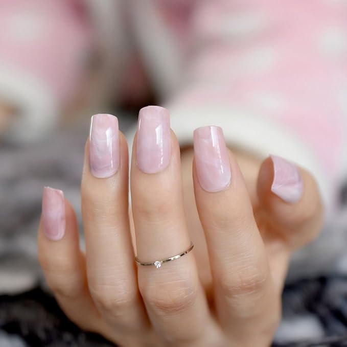 Shiny Pink Marble Artificial Nails Square Medium Size Fake Pre-designed Nail Art Kit for Women Wear Tool Z836