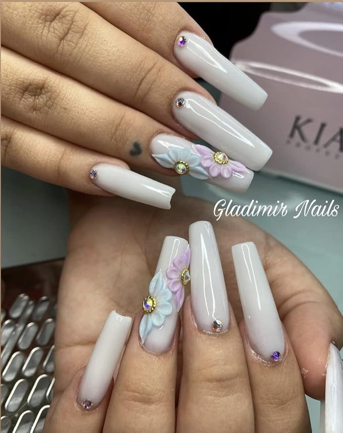 3D Acrylic Flower Nail Art Charms Handmade by Acrylic Powder - 15 colors, 24pcs Flowers Nail Rhinestones Kit 3D Crystal Nail Pearls Flat Design Acrylic Nail Art for Women Girls (Violet)