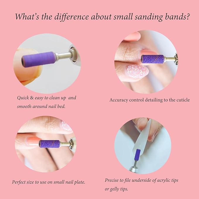 100pcs Small Nail Sanding Bands for Nail Drill, 3.1mm Mini Nail Sanding Mandrel Bits 180 Grit Fine Nail File Drill Bits for Acrylic Nails Gel Manicure Pedicure Nail Prep Salon Supplies,Purple