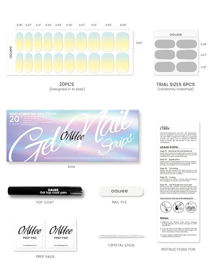 Semi Cured Gel Nail Strips | Built-In Gel Top Coat | UV Light Required | Salon Quality, Easy Application And Removal (Lemon Macaron）