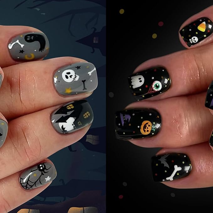 2 Packs 48Pcs Halloween Press on Nails Short Square Fake Nails Ghost Acrylic Nails with Eye Bat Pumpkin Designs Gray Black Glue Stick on Nails for Women Girls Festival Decoration