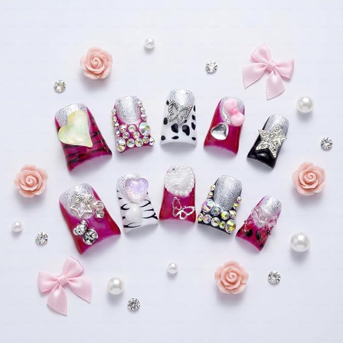 10 Pieces Luxury Acrylic Press On Nails Short Handmade Duck Nails, Pink Thickened False French Nails, 3D Hearts, Butterflies And Stars, Reusable Fake Nails, Acrylic Nails (L)