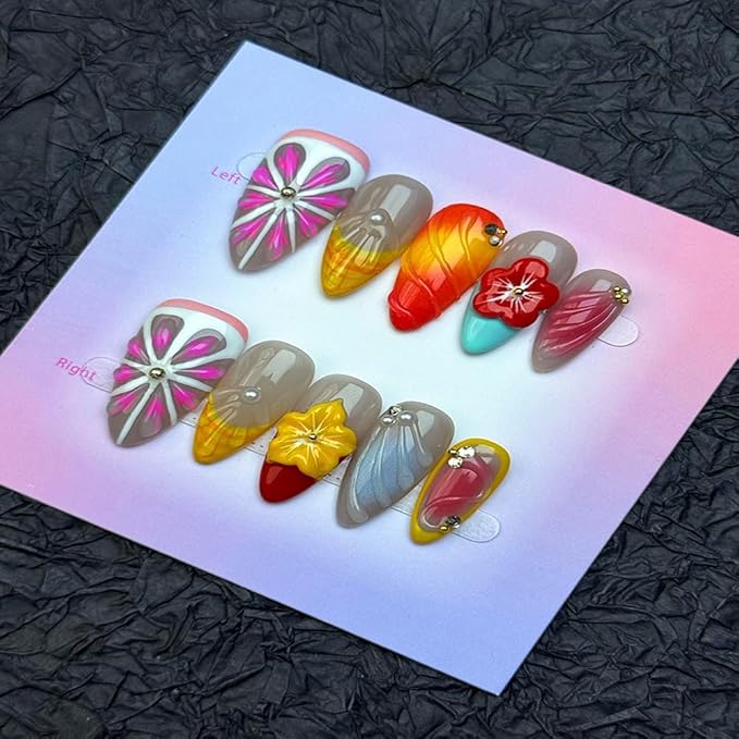 100% Handmade Press on Nails Medium Almond Handmade Nails with Pink Flower Design Spring Summer False Nails Yellow French Tip Nail Press ons Reusable Ombre Acrylic Fake Nails for Women Size L 10Pcs