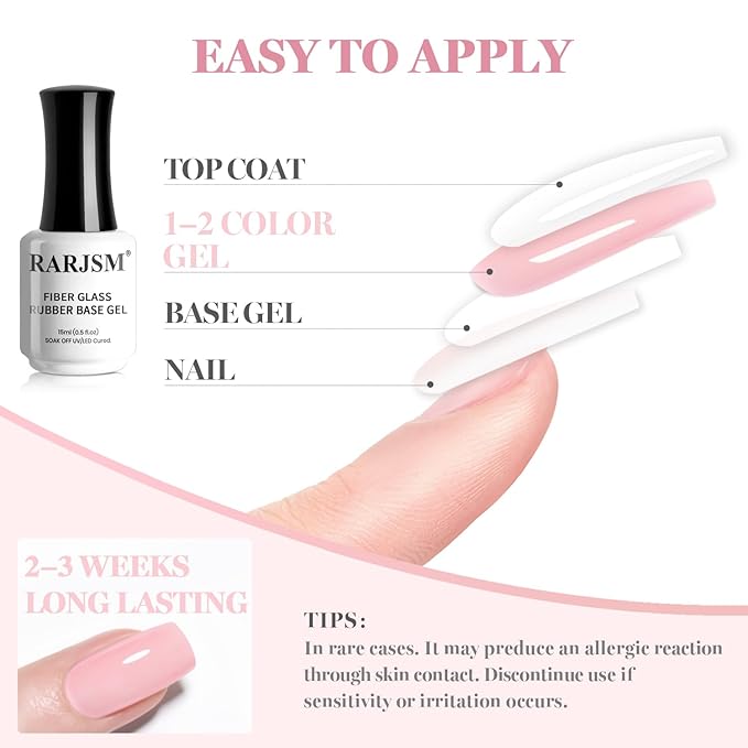 RARJSM Nude Sheer Cherry Blossom Pink Fiber Glass Rubber Base Gel Nail Polish for Repair Broken Nails StrengthenerGel Base Coat Transparent Brush on Building Gel in a Bottle Curing Requires 15ml