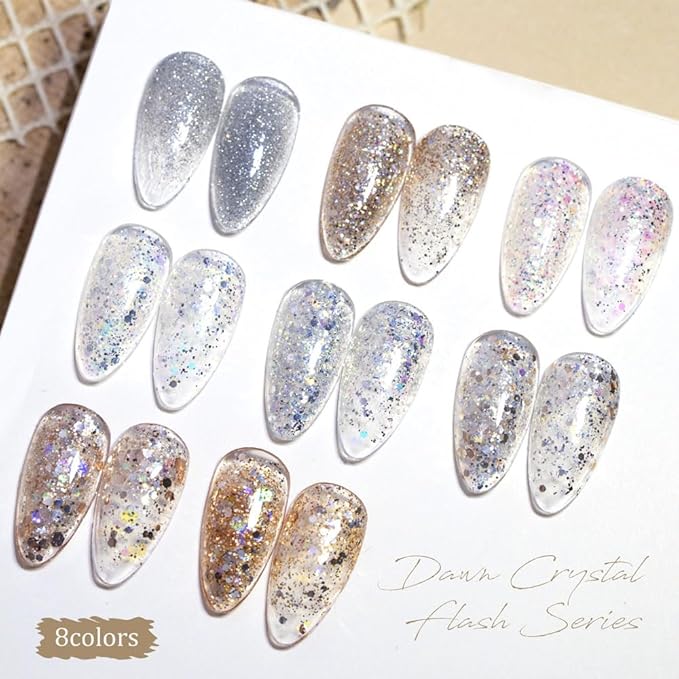 CANNI 8 Pcs 9 ML Glitter Gel Nail Polish Set, Shimmer Sparkly Shiny Gold Silver Blue Green Purple Colors Gel Polish Kit Soak Off Led Nail Art Manicure Salon DIY