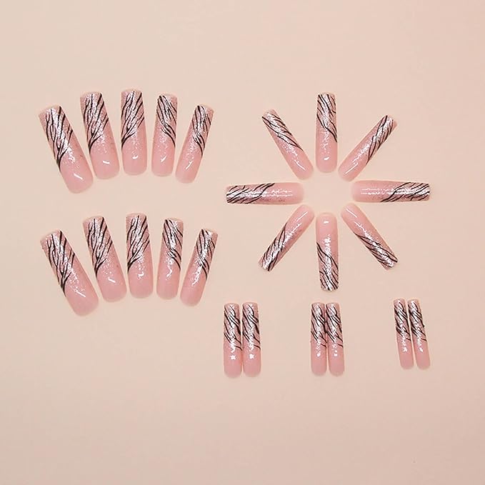 Long Press on Nails Square Fake Nails Silver Glitter French Tip False Nails with Silver Swirl Design Acrylic Nails Long Square Glue on Nail Full Cover Stick on Nail for Women 24Pcs