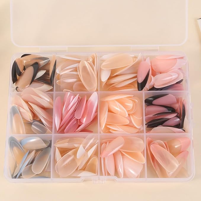 French Gel Nails - Colorful French Tip Press on Nails, Almond Press on Nails, Glossy Skin Tones Medium False Nails 288pcs -12 Sizes Artificial Fake Nails Stick on Nail for Women Manicure