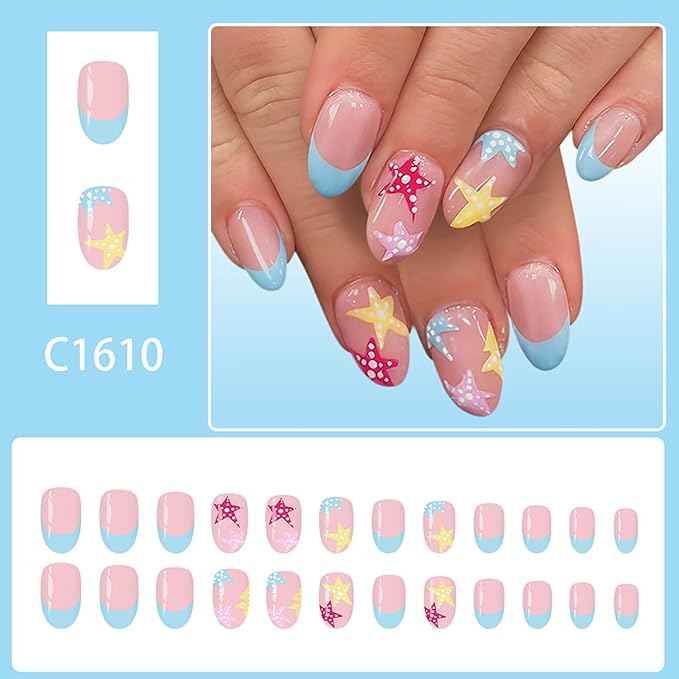 Multicolor Star Press on Nails Short Oval Fake Nails with Starfish Design Blue French Tip False Nail Glossy Full Cover Acrylic Spring Summer Stick on Nail for Women 24Pcs