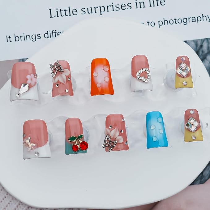 Handmade Press on Nails Short Duck - 3D Floral Metallic Butterflies False Nails Luxury Rhinestone Cherry Petal Flower Design, Reusable Thick Acrylic Full Cover(Spring Bloom Pop,S)