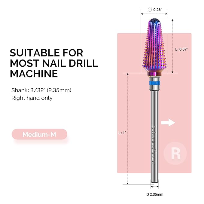 MelodySusie Professional Tornado Nail Drill Bits, 3/32'' Carbide Tungsten Multi-function Bits, Suitable for Manicure Pedicure Cuticle Gel Polishing, Salon Bits, Purple, Series Bit-X, Medium