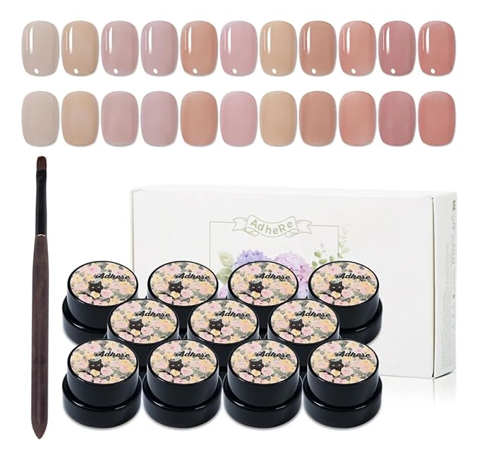 ADHERE Gel Nail Polish Set,11PCS Nude Pink Gel Polish Kit with Brush, UV LED Gel Nail Polish, Soak Off Nail Varnish Gel Polish for Manicure Salon DIY Design at Home