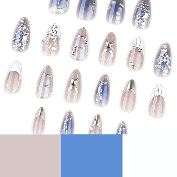 Silver Chrome Press on Nails Medium Almond Fake Nails Blue Nails Press ons with Liquid Metal Swirl,Star Design Full Cover Stick on Nails for Women Manicure,Reusable | Glue Tabs | Easy Apply | 24Pcs