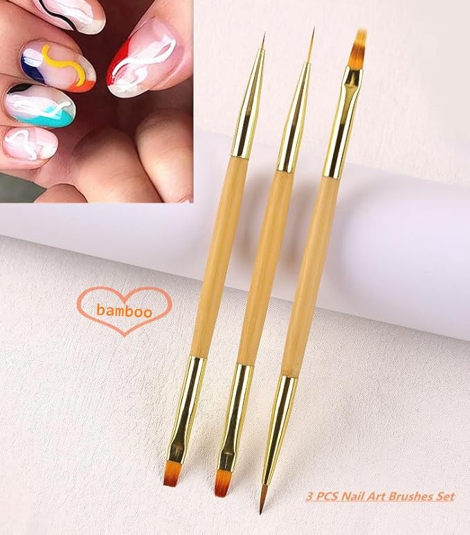 3 Pcs Nail Drawing Brushes, Dual End Nail Art Pen Brush Acrylic Round Flat Painting Drawing Liner Nail Tools