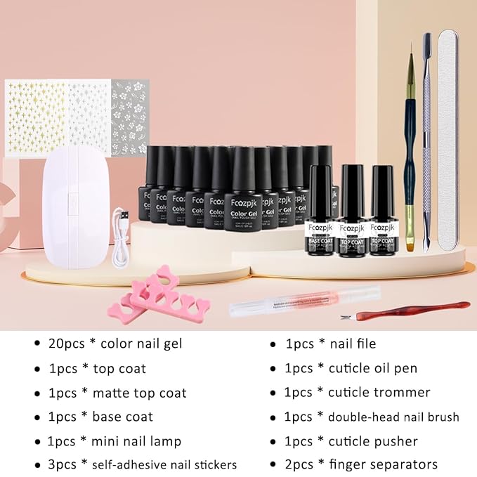 Gel Nail Polish Set With UV Light, 20 Pcs Nude Pink Blue Black White Gel Nail Polish Kit With Base Gels Top Coat and Nails Art Stickers Soak Off Sparkle Glitter Polishes Home Manicure