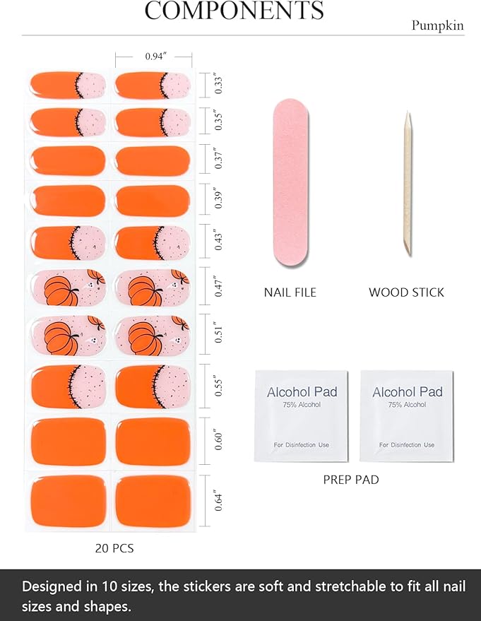 Semi Cured Gel Nail Strips (Pumpkin), Orange, 20 Pcs Thanksgiving Gel Nail Wraps, Stickers, Salon Quality, Long Lasting, Works with Any UV Lamps