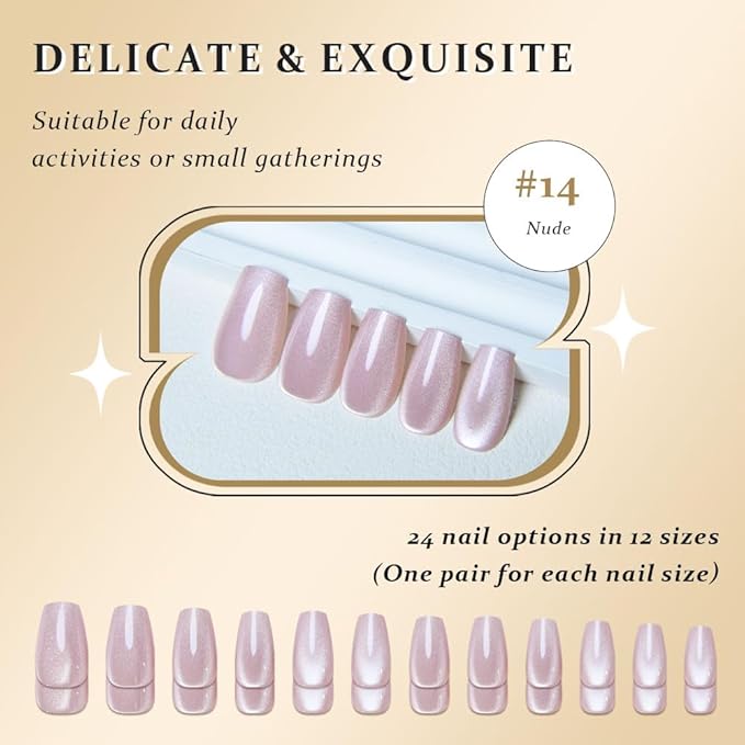 evpct Nude Cat Eye Coffin Press on Nails Square Medium, Medium Square Stick on Nail for Women Gift, Nude Metallic Glitter Glossy Reusable Summer Soft Gel Press on Acrylic Fake Nail with Designs