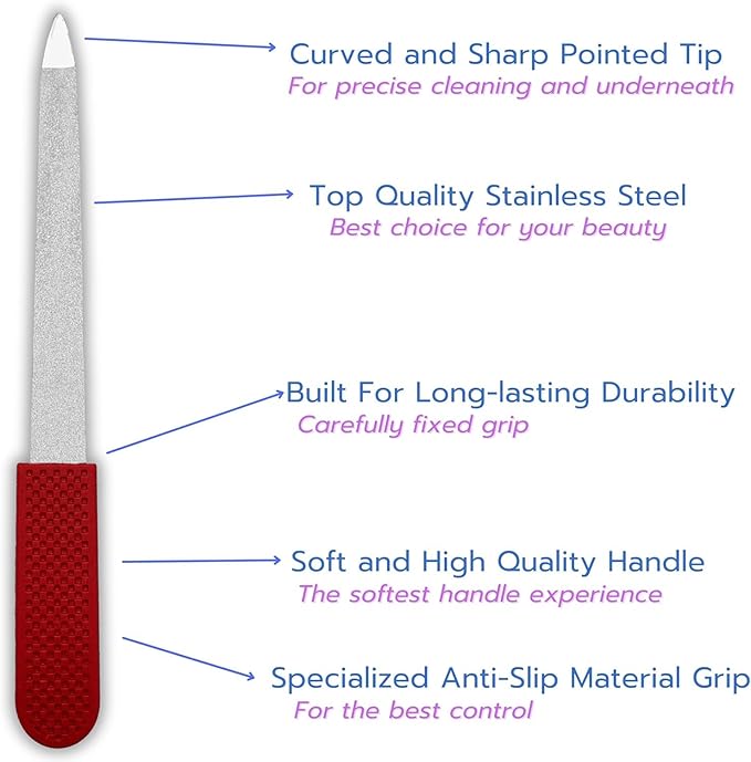 Professional Ruby Red Sapphire Nail File – Fine & Coarse, 5" Stainless Steel, Double-Sided Metal File, Ergonomic Non-Slip Handle, for Natural, Gel, Acrylic Nails, Manicure & Pedicure Tool