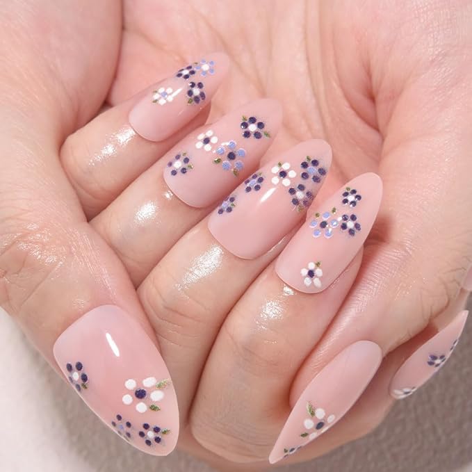 Spring Summer Purple White Floral Press On Nails Medium Almond Fake Nails, Salon Quality Reusable Acrylic Nails for Women & Girls, DIY Nail Art Gift Kit - 30 PCS 15 Sizes