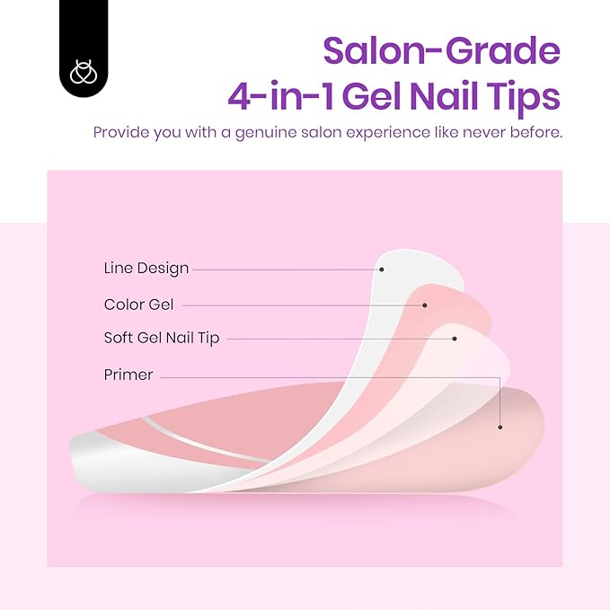 Beetles French Tip Press On Nails 224 Pcs Short Almond Pink Press On Nails 4 in 1 Gel Nail Tips Pre-Applied Primer and Base Coat, No File Need DIY Manicure Easy False Nail Tips for Nail Extension