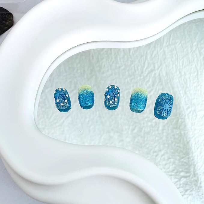 Square Press on Nails Short Fake Nails with Designs Fireworks Glue on Nails Rhinestone False Nails Blue Bling Sequins Acrylic Nails Glitter Full Cover Stick on Nails for Women 24Pcs