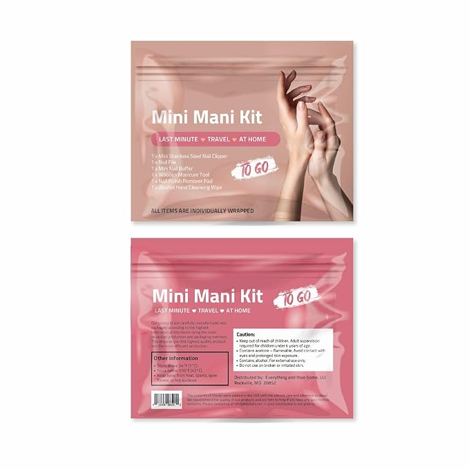 Mini Mani Kit – Disposable Manicure Set with Nail Clipper, File, Buffer, Cuticle Stick & Polish Remover Pad – Compact One-Time Use Nail Care Kit for Travel, Purse, Desk, or Car (Peach)