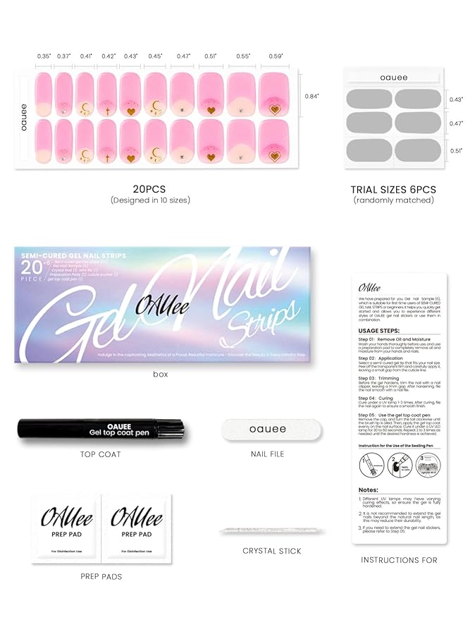 Semi Cured Gel Nail Strips | Built-In Gel Top Coat | UV Light Required | Salon Quality, Easy Application And Removal (Pink Elegance）