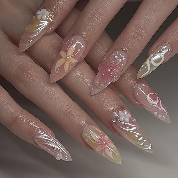 Almond Press on Nails Medium Fake Nails Ombre with 3D Flower Design Glossy Full Cover False Nails for Women Manicure 24Pcs