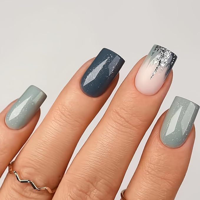 Curvlife Press on Nais Acrylic fake Nais with Design Full Cover False Nais or Women Reusable Nail Kit with Nail Glue Adhesive Tabs Nail File (cement gray gren,30pcs)