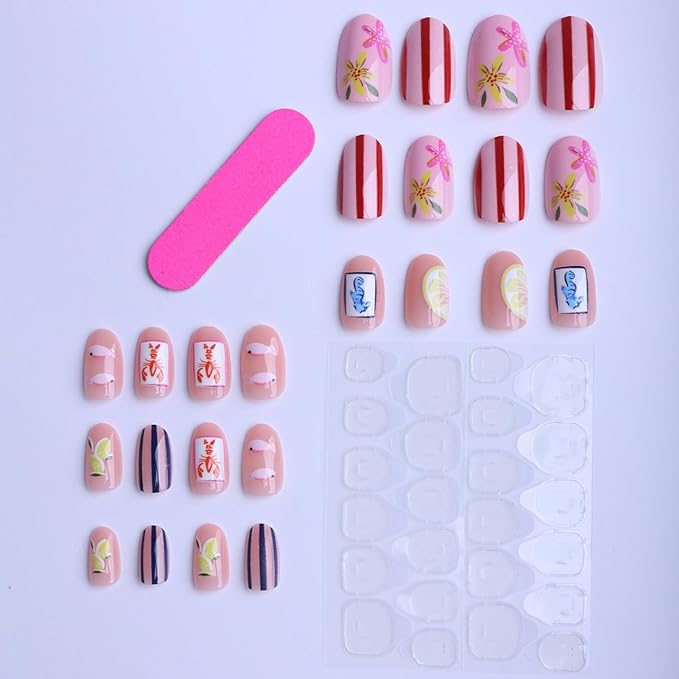 Cute Summer Press on Nails Short Oval Fake Nails Beach Nails Press ons with Lemon Flower Stripe Seahorse Fish Design,Reusable & Easy Apply Stick on Nails for Women Manicure 24Pcs