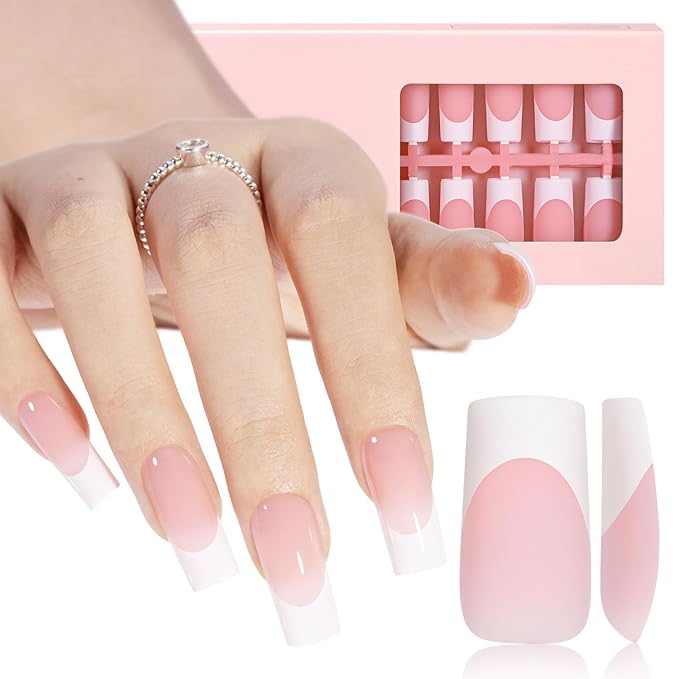 AILLSA French Gel Nail Tips, 180 Pcs Pink French Tip Press On Nails Long Square, Pre-Applied Primer & Base Coat, No Need File, Fake Nails with Designs DIY for Women Gift 15 Sizes