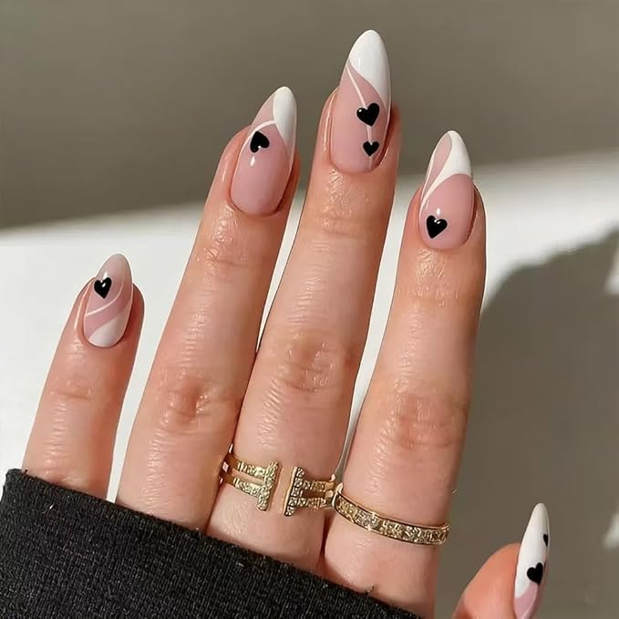 Valentine Press on Nails - Love Heart Fake Nails - Almond False Nails Press ons - French Tip Acrylic Glue on Nails - Artificial Stick on Nail for Women Manicure 24 Pcs