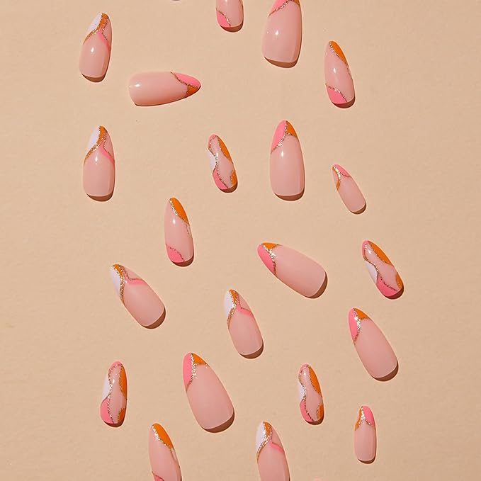 Orange Press on Nails Medium Almond Fake Nails Press ons with Design Gold Glitter Swirl Wave Acrylic False Nails Glue on Nails Artificial Glossy Stick on Nail for Women Girls Manicure Decoration 24Pcs