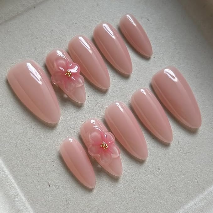 Press On Nails Medium Almond Shape False Nails, Handmade Acrylic Gel Fake Nails with Art Designs, Reusable 10 Pcs 3D Nails for Women DIY Manicure Kit