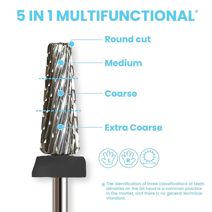 16mm 5 in 1 Tapered Barrel Nail Drill Bits, 3/32'' Safety Tungsten Carbide Bits, Right & Left Rotation, Manicure Cuticle Gel Acrylic Removal Polishing, Technicians Bits, Extra Coarse