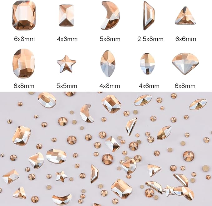 100pcs Multi Shape Glass Flatback Golden Shadow Nail Rhinestones 720pcs Loose Round Beads Diamond Mix Size Bulk Pack for Nails Art Supply