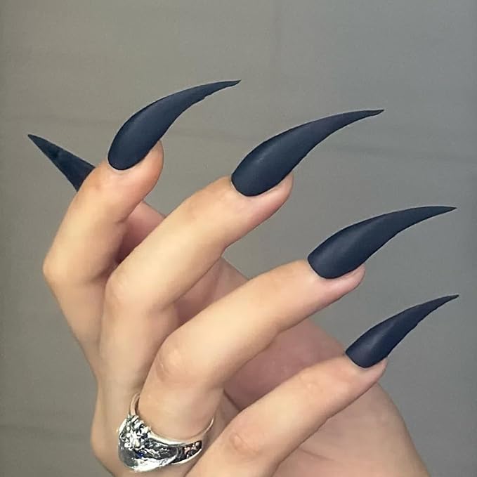 Halloween Press Claw on Nails Long Curved Stiletto Handmade Black Stick on Nails Horror Vampire Fake Nails Dragon Cat Claw Press on Nails Matte Acrylic Glue on Nail Thick (S,Black Matte Finish)