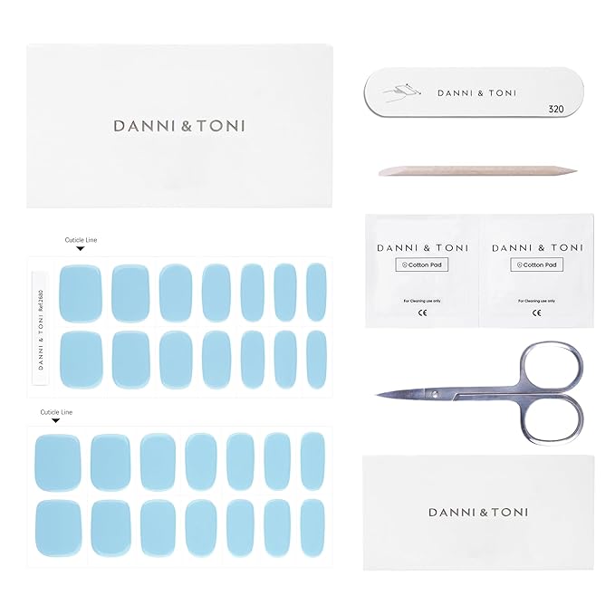 DANNI & TONI Semi Cured Gel Nail Strips Light Blue (Azure Horizon) Spring Summer Gel Nail Wraps UV Nails 28 Stickers Gift for Women