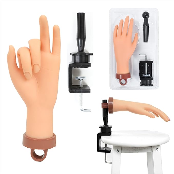 Practice Hand for Acrylic Nails, Professional Nail Practice Hand Fake Hand for Nail Practice Mannequin Hands for Nails Practice Nail Training Practice Hand for Acrylic Nail Kit(with Clamp Holder)