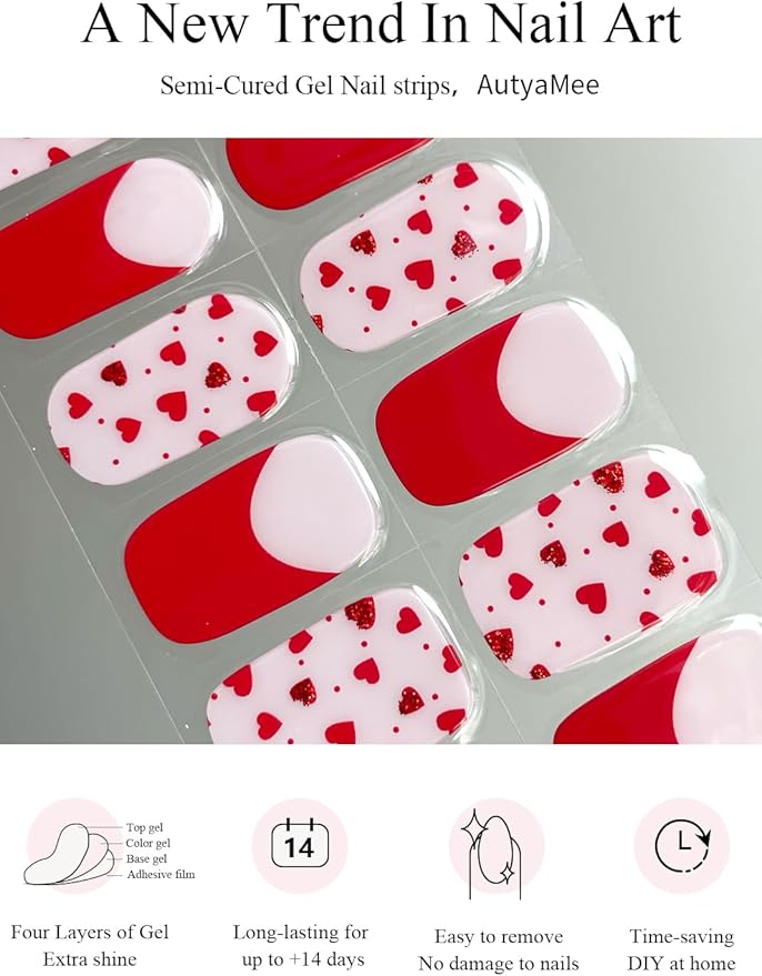 Semi Cured Gel Nail Strips (Red Heart N), Valentine's Day French, 20 Pcs Gel Nail Wraps, Stickers, Works with Any UV Lamps