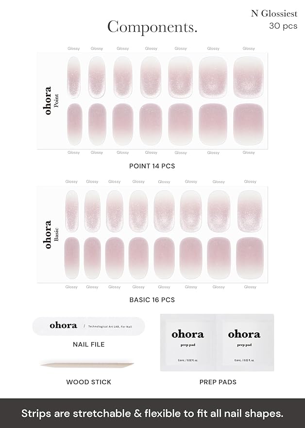 ohora Semi Cured Gel Nail Strips (N Glossiest) - Works with Any Nail Lamps, Salon-Quality, Long Lasting, Easy to Apply & Remove - Includes 2 Prep Pads, Nail File & Wooden Stick, Large