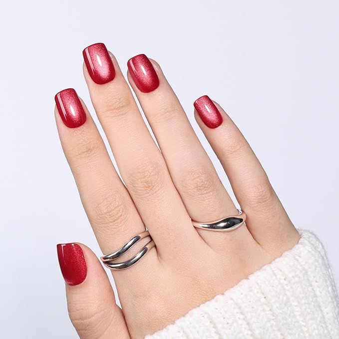 Red Cat Eye Press On Nails - Short Square Press on Nails Crimson Nails Press Ons for Women Glossy Fake Nails Kit with Glue, DIY Glue on Nails Short in 15 Sizes - 30pcs, Velvet Red