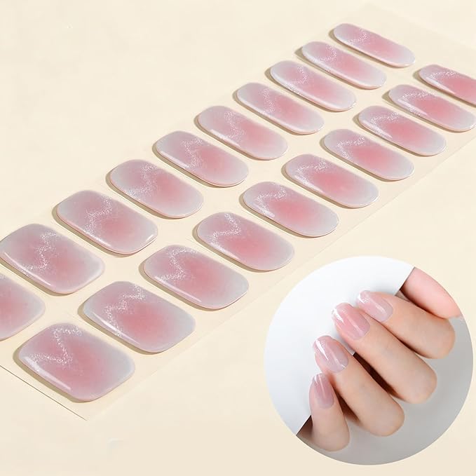 WOKOTO 1 Sheets Transparent Pink & Wave Cat Eye Design Semi Cured Gel Nail Strips With Nail File & Wooden Stick For Women, 20 Tips Semi Cured Gel Nails Polish Stickers Strips UV Full Nail Wraps