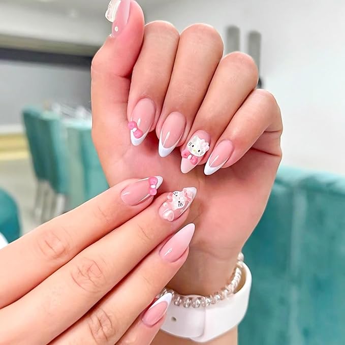 French Tip Press on Nails Medium Almond Cute Cat Fake Nails with 3D Pearl Designs Pink Bow False Nails Cartoon Stick on Nails Full Cover Artificial Acrylic Nails Fashion Fingernails for Women 24pcs
