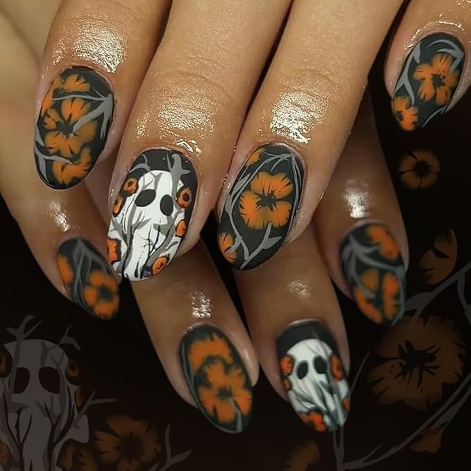 2 Packs 48Pcs Halloween Press on Nails Short Almond Fake Nails Cute Ghost Acrylic Nails with Horror Yellow Flowers Designs Oval Glue on Nails for Women Manicure Decoration