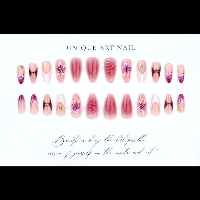 Almond Press on Nails Long Fake Nails French Artificial Nail Purple Floral Designs Stick on Nail for Women 24pcs