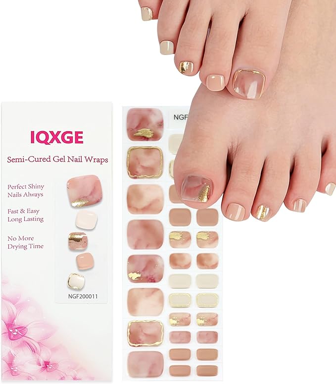 32 Pcs Semi Cured Gel Toe Nail Strips Nude Pink Gel Nail Stickers with Marble Design Gold Nails Wraps Self Adhesive Toe Nails Polish Strips Stickers for Women UV/LED Light Required